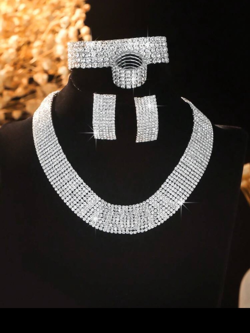 Elegant Silver Crystal Necklace Set - Rhinestone Choker, Earrings & Ring